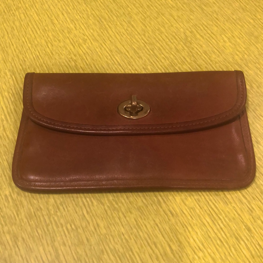 Vintage Coach Classic Wallet Turnlock Closure Blue White Ticking Inside